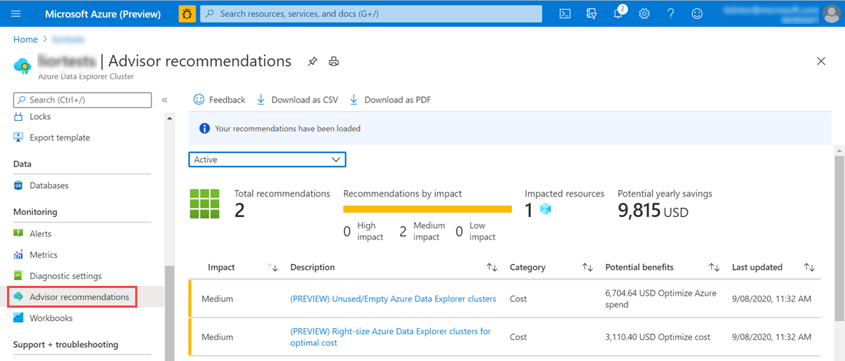 适用于 Azure 数据资源管理器群集的 Azure 顾问建议。