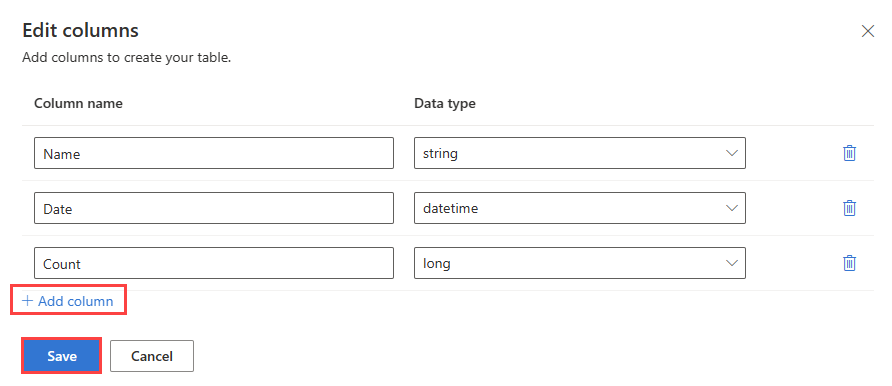 “编辑列”窗格的屏幕截图，你在其中输入 Azure 数据资源管理器中的列名称和数据类型。