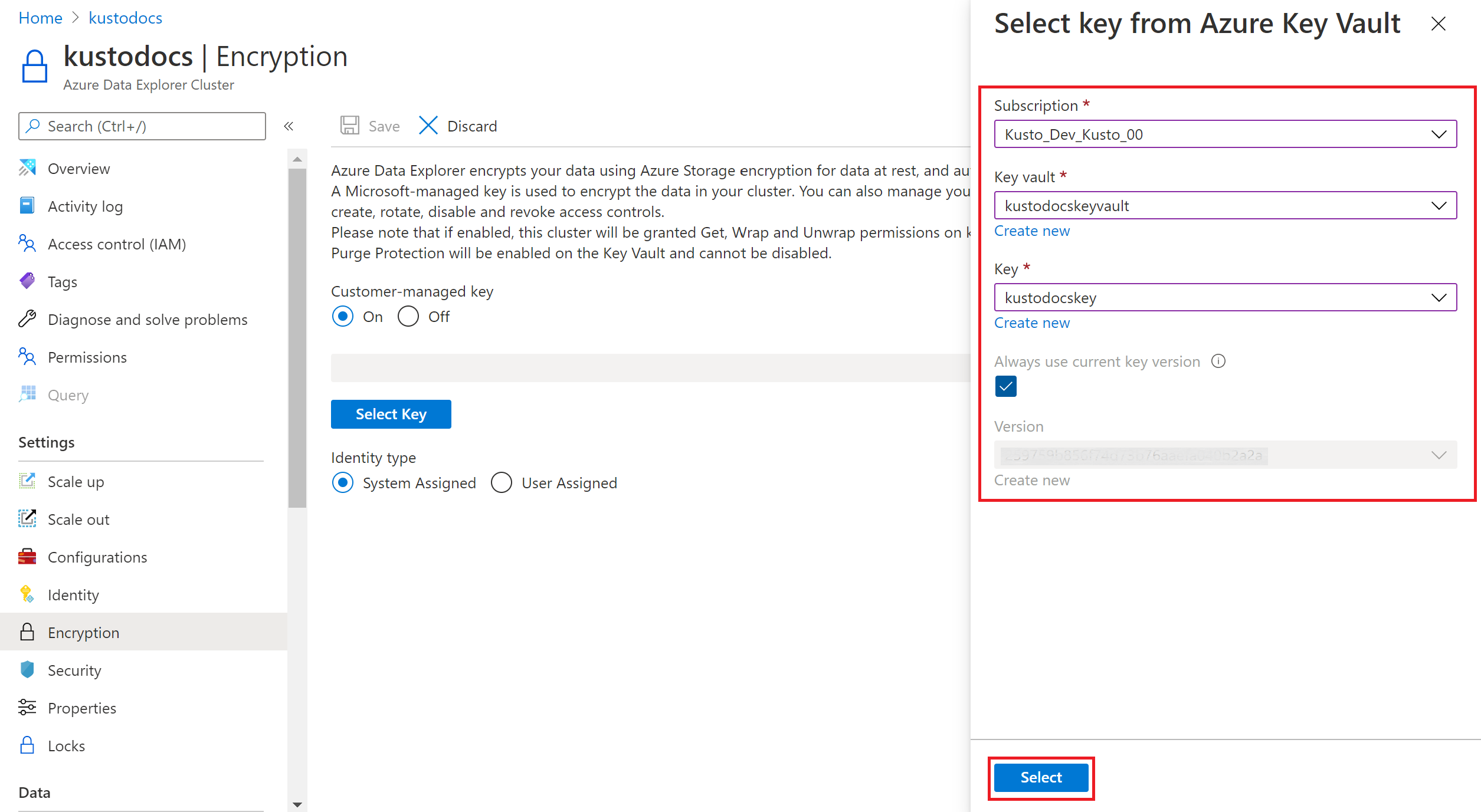 Screenshot showing the Select key from Azure Key Vault.