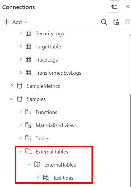 屏幕截图显示 Azure 数据资源管理器 Web UI 中的外部表。