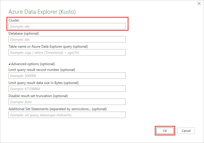 屏幕截图显示 Azure 数据资源管理器 (Kusto) 窗口。