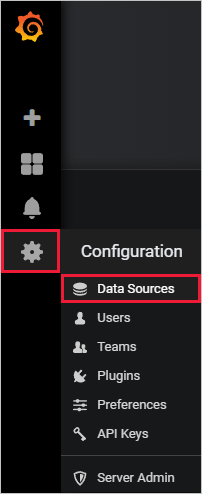 屏幕截图显示 Grafana 设置菜单和数据源的选项。