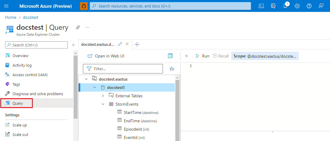Screenshot of the Query option in the Azure portal.