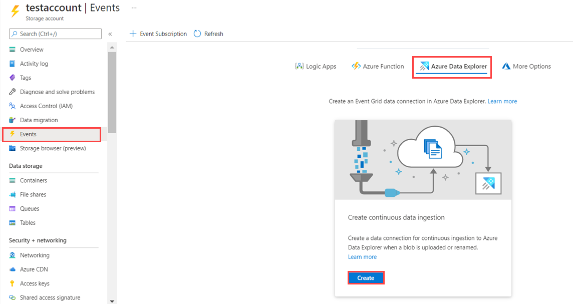 Azure 存储帐户“事件”页的屏幕截图，其中显示了“Azure 数据资源管理器”选项卡。