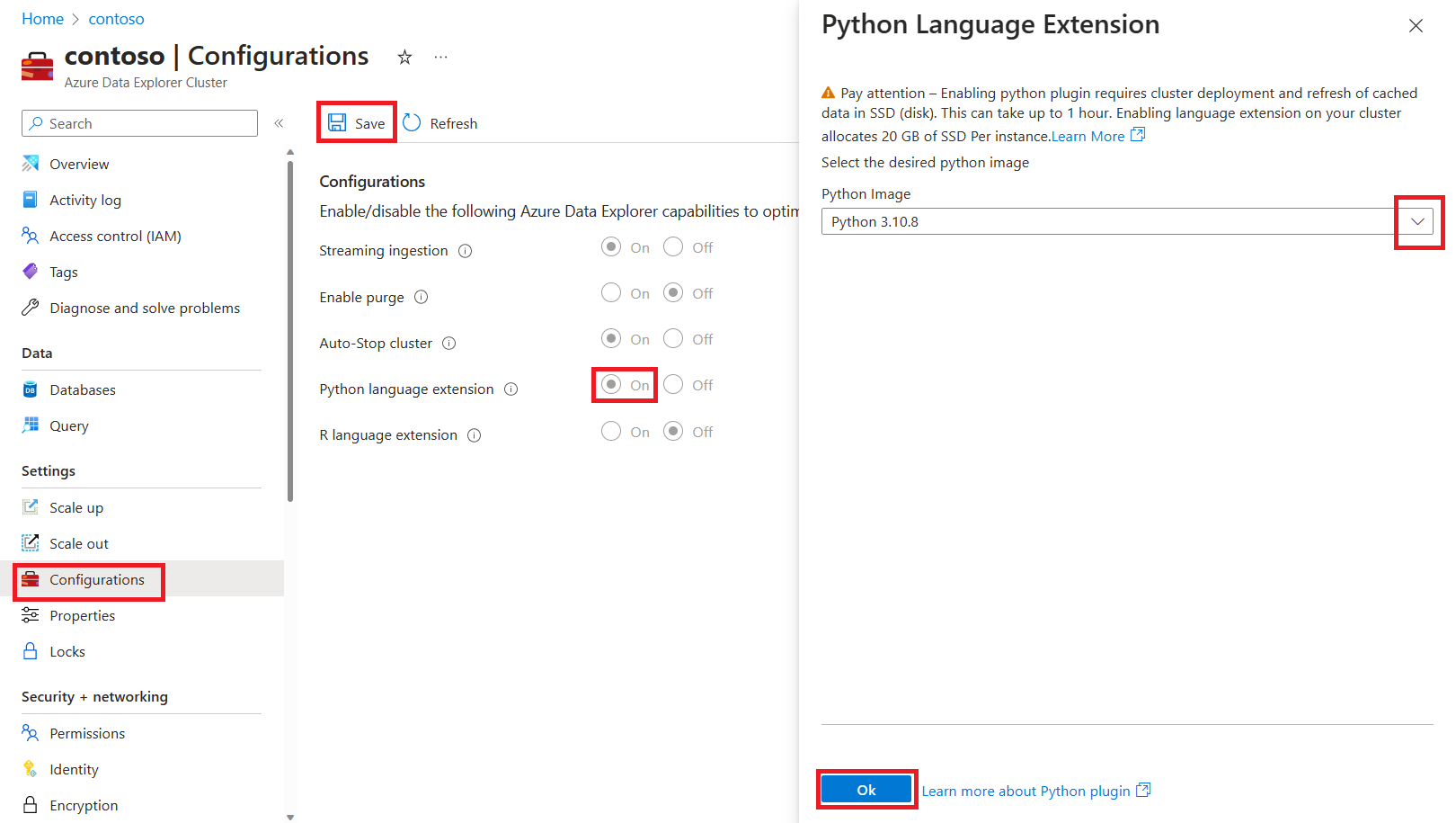 Screenshot of Azure Data Explorer cluster configuration page, showing the Python language extension image selection.