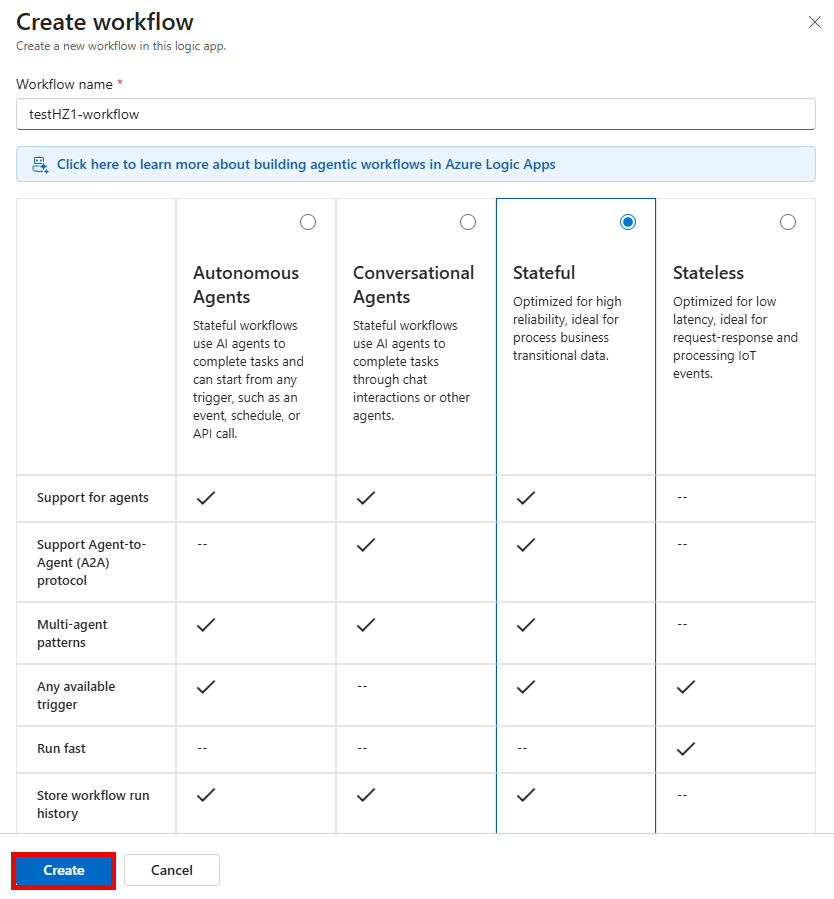 “新建工作流”页的屏幕截图，其中显示了填写的详细信息和“创建”按钮。