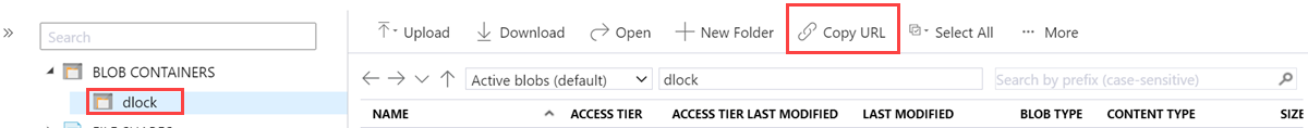 在 Blob 容器中的文件夹内复制 URL 的屏幕截图 - Azure 存储帐户。