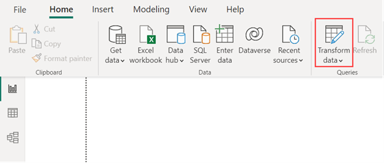 Screenshot of the Home tab in Power BI Desktop, with the Home tab option titled Transform data highlighted.