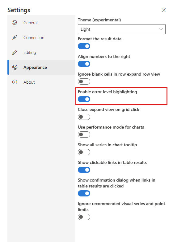 Screenshot showing how to enable error-level highlighting in the settings.