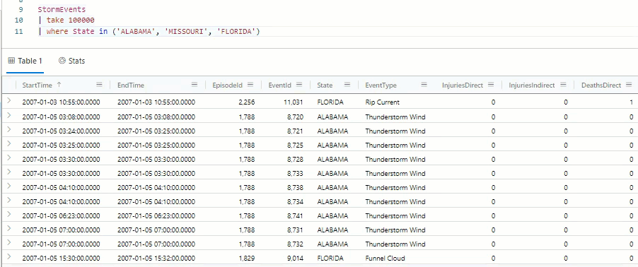GIF showing how to filter on a column in the Azure Data Explorer WebUI.