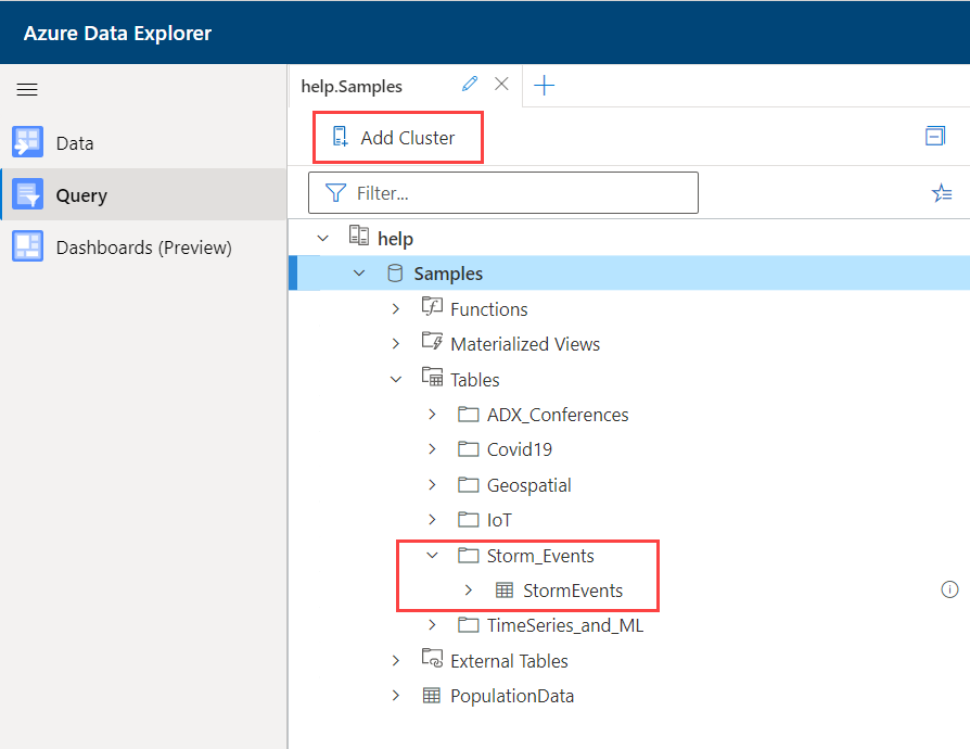 Find table in the help cluster in Azure Data Explorer web UI.
