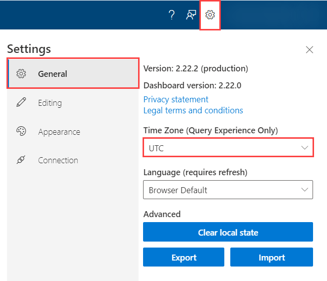 Screen shot of general tab on settings blade to change time zone in Azure Data Explorer WebUI.