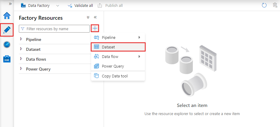 Shows the Author tab of the Azure Data Factory Studio with the new dataset button selected.
