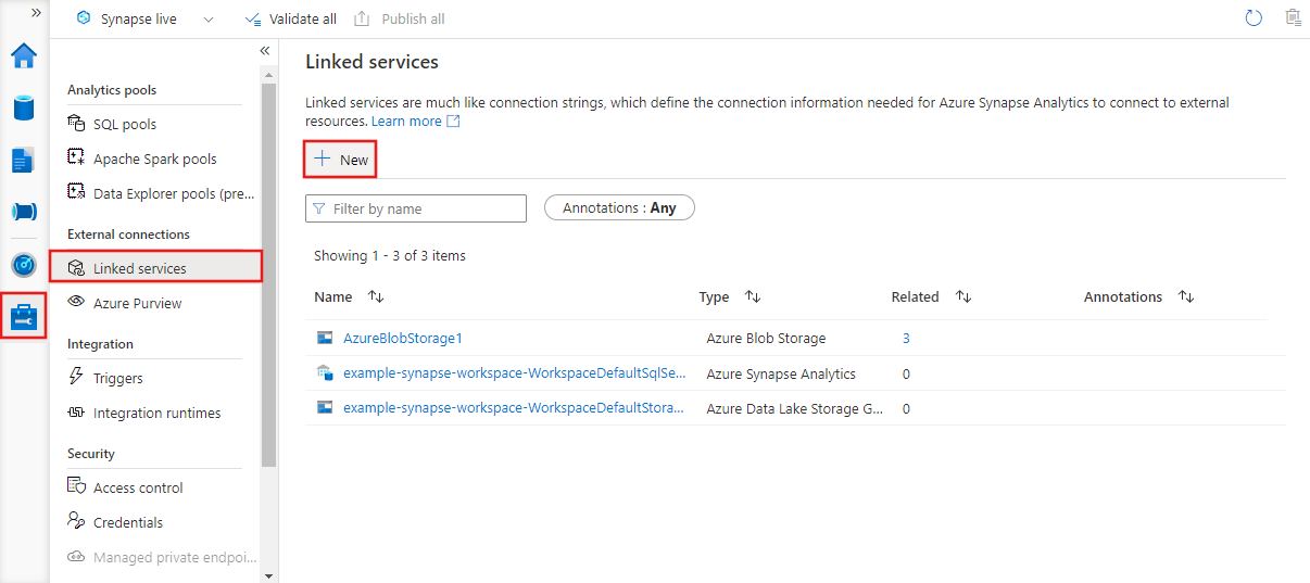 Shows the Azure Data Factory studio Manage tab with linked services and the New button highlighted.