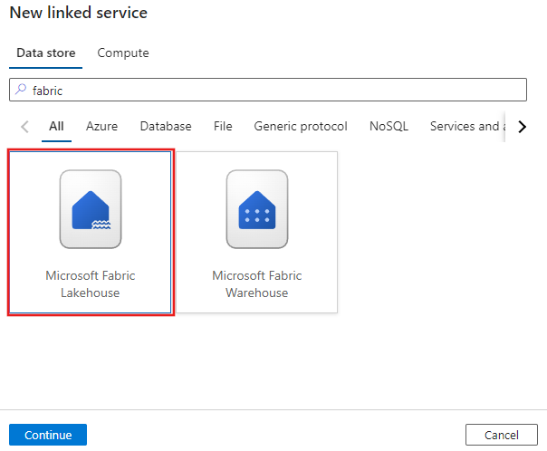 显示选择 Microsoft Fabric Lakehouse 连接器的屏幕截图。