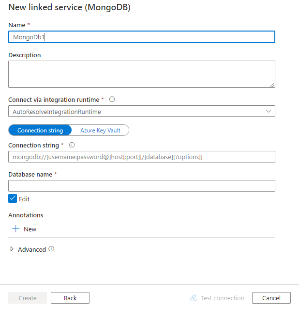 MongoDB 的链接服务配置的屏幕截图。