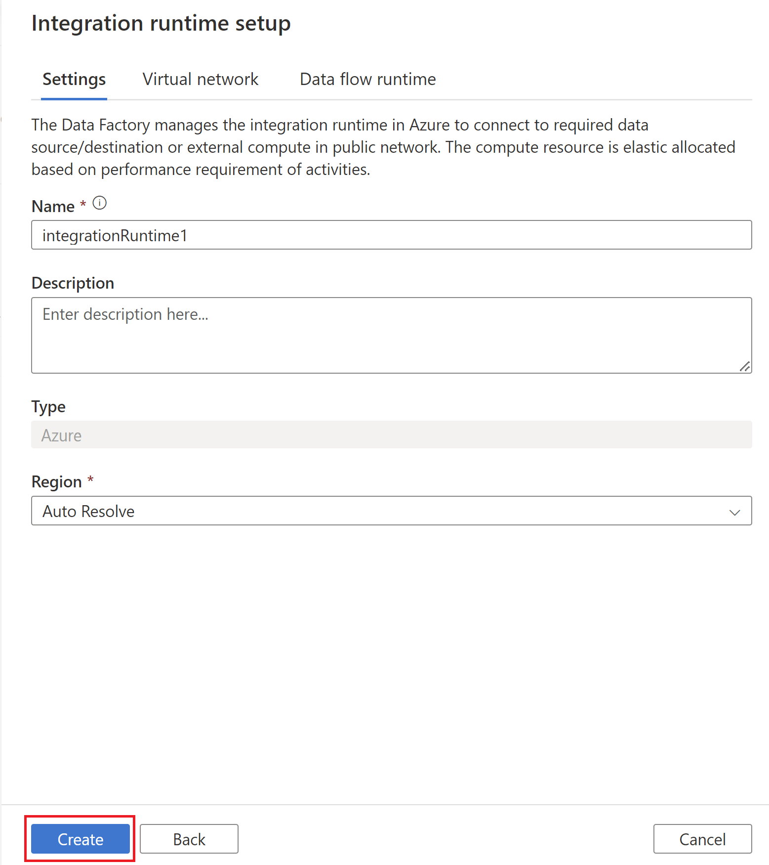 Screenshot that shows the final step to create the Azure integration runtime.