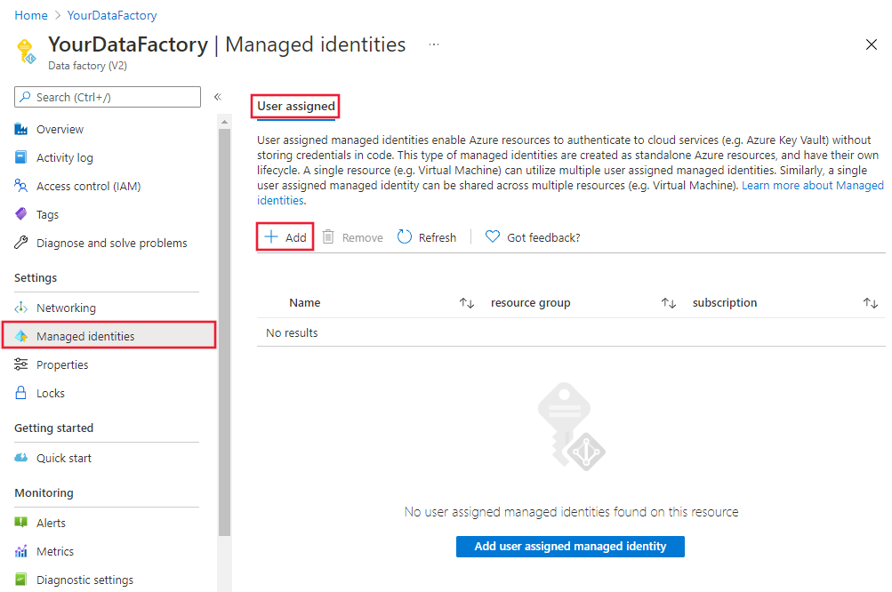 Screenshot showing how to use Azure portal to associate an user-assigned managed identity.