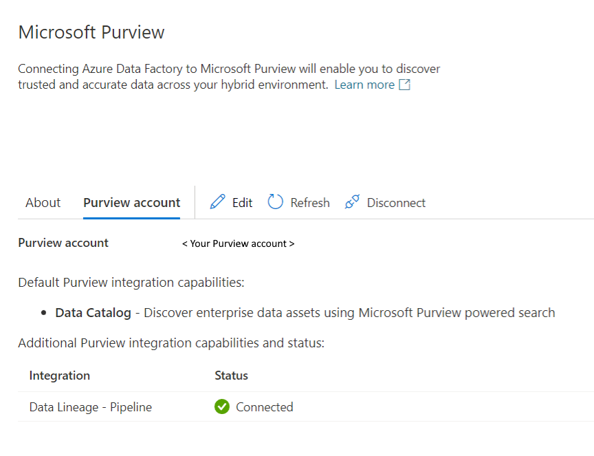 有关监视 Azure 数据工厂和 Microsoft Purview 之间的集成状态的屏幕截图。