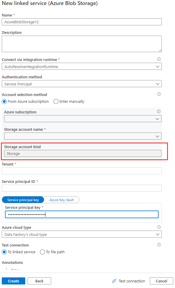 Screenshot that shows the storage account kind in the Azure Blob Storage linked service.