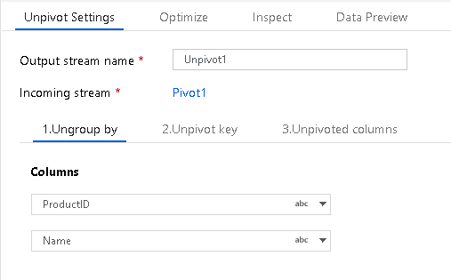 Screenshot shows the Unpivot Settings with the Ungroup by tab selected.