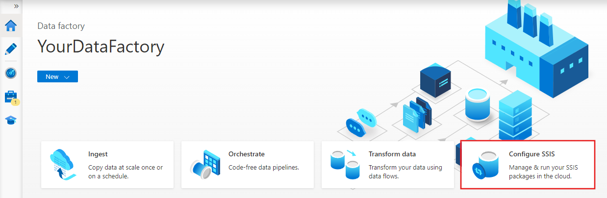Screenshot that shows the Azure Data Factory home page.