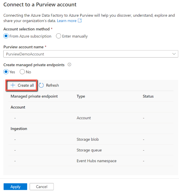 为连接的 Microsoft Purview 帐户创建托管专用终结点。