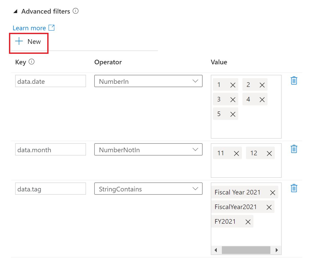 Screenshot of setting advanced filters for customer event trigger