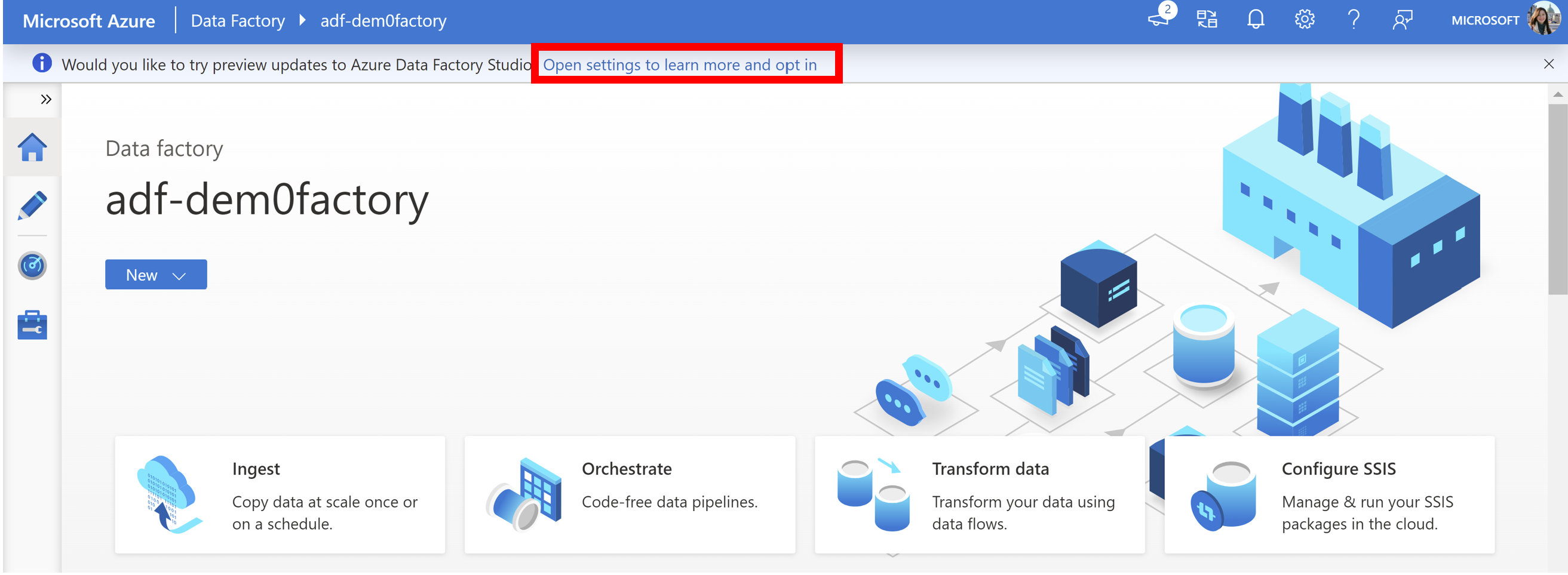 Azure 数据工厂主页的屏幕截图，屏幕顶部的横幅中显示了“选择加入”选项。