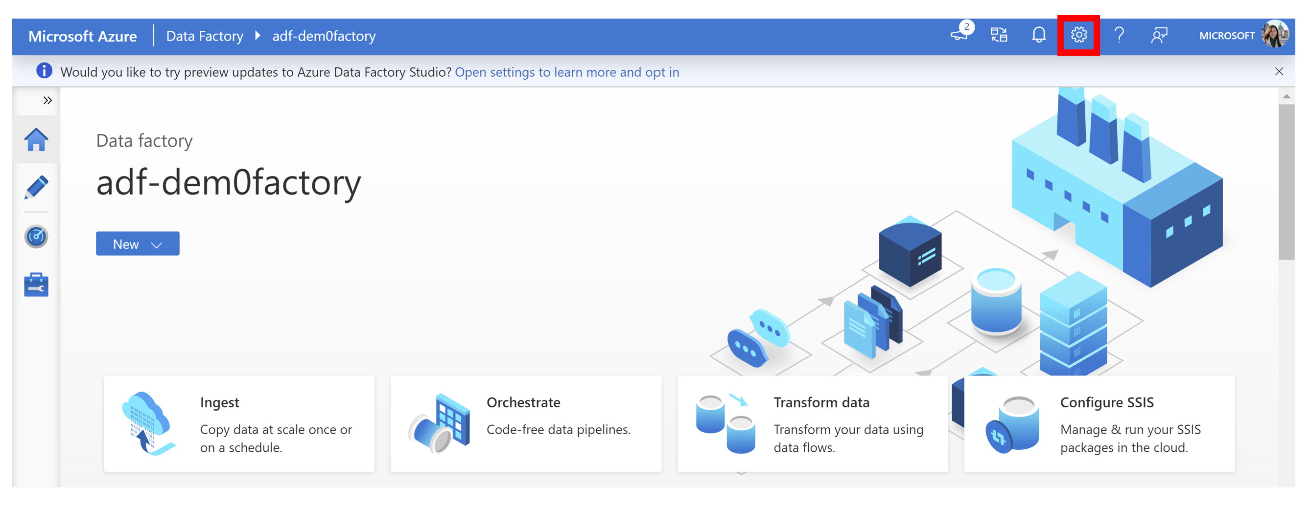 Azure 数据工厂主页的屏幕截图，右上角突出显示了“设置”齿轮图标。