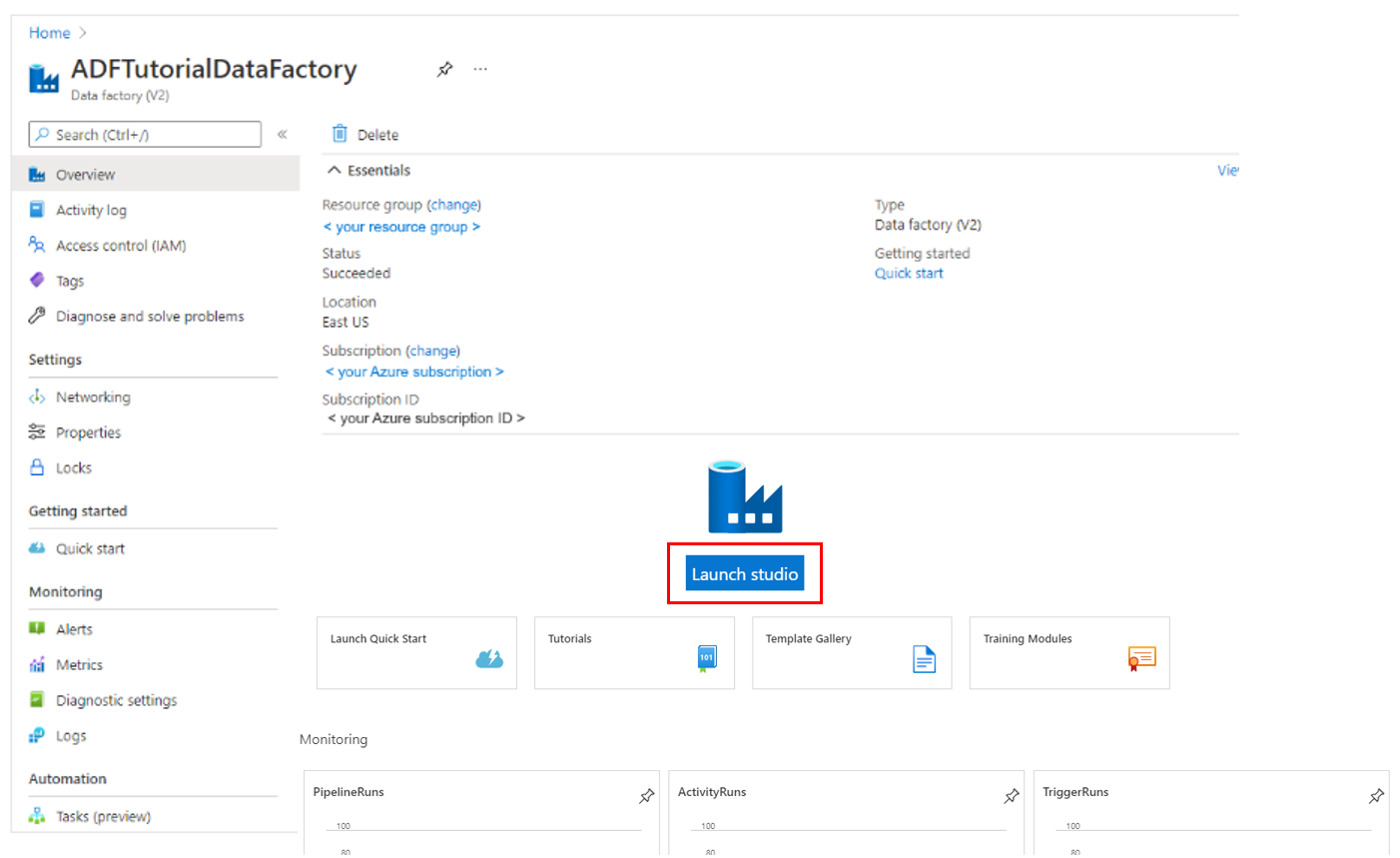 Azure 数据工厂主页，其中突出显示了“打开 Azure 数据工厂工作室”磁贴。