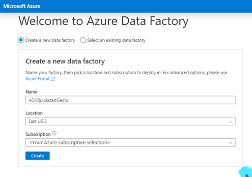 显示 Azure 数据工厂工作室页面创建新数据工厂的屏幕截图。
