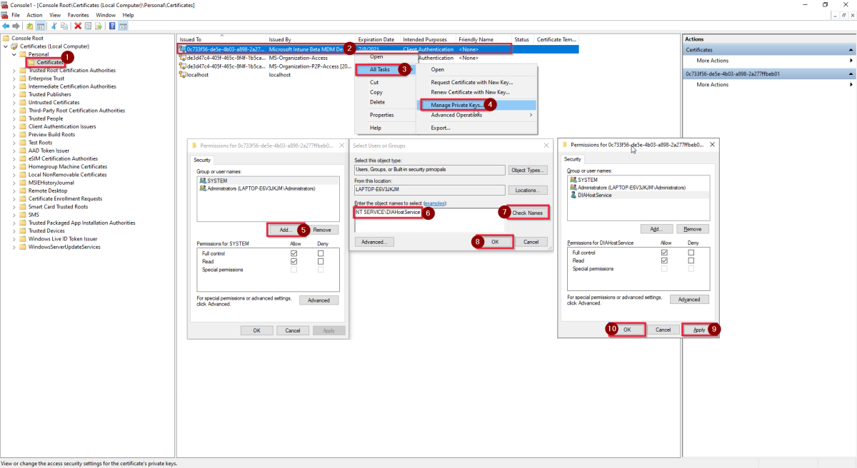 显示将自承载 IR 服务帐户添加到私钥权限的第三步的屏幕截图。