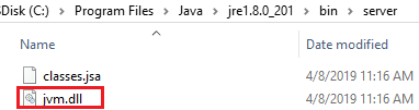 屏幕截图：显示 jvm.dll 文件位置。
