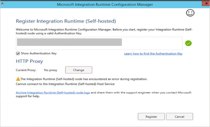 “Integration Runtime 配置管理器”窗口的屏幕截图，其中显示 IR 注册错误。