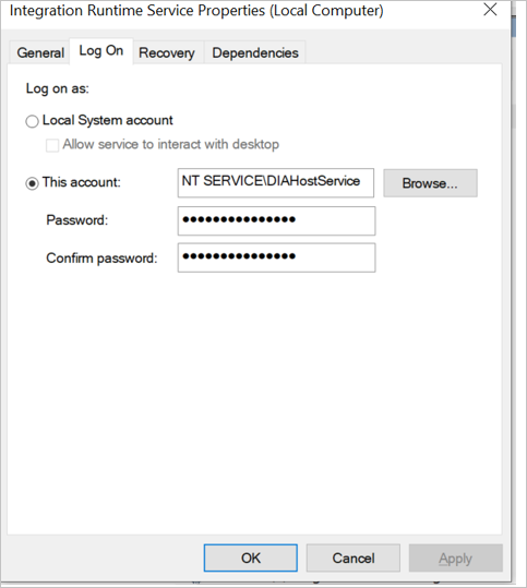 “登录服务帐户属性”窗格的屏幕截图。