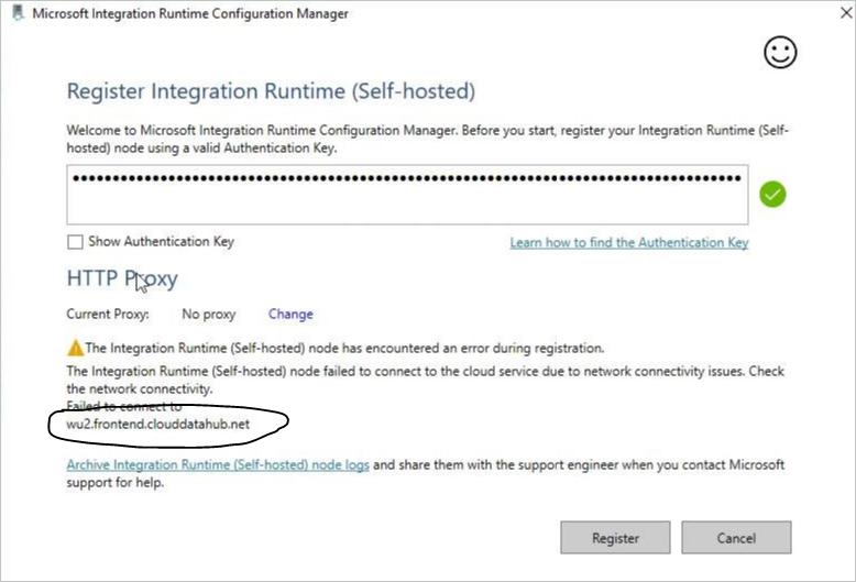 “Integration Runtime (自承载)节点在注册期间遇到错误”消息的屏幕截图。