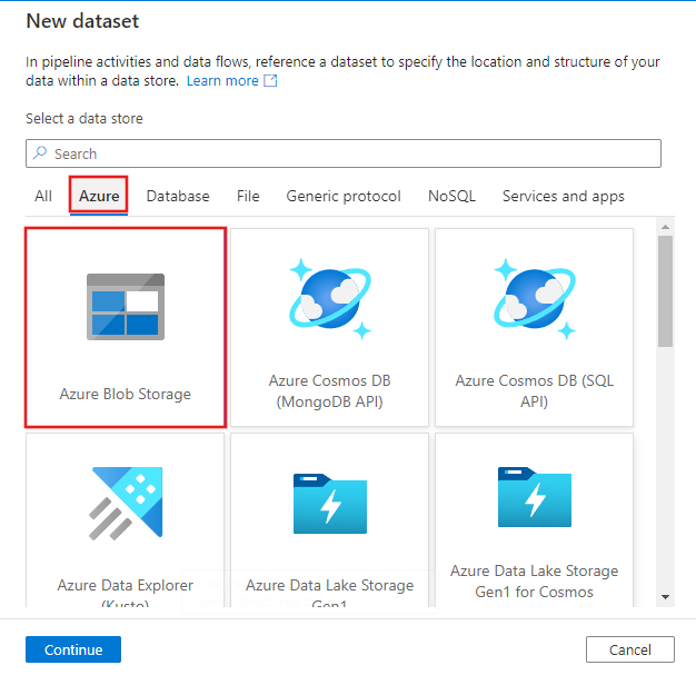 Shows a screenshot of the select Azure Blob Storage button.