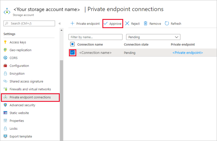 Screenshot that shows the Approve button for the private endpoint.