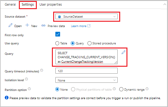 Screenshot that shows a query added to the Settings tab in the Properties window.