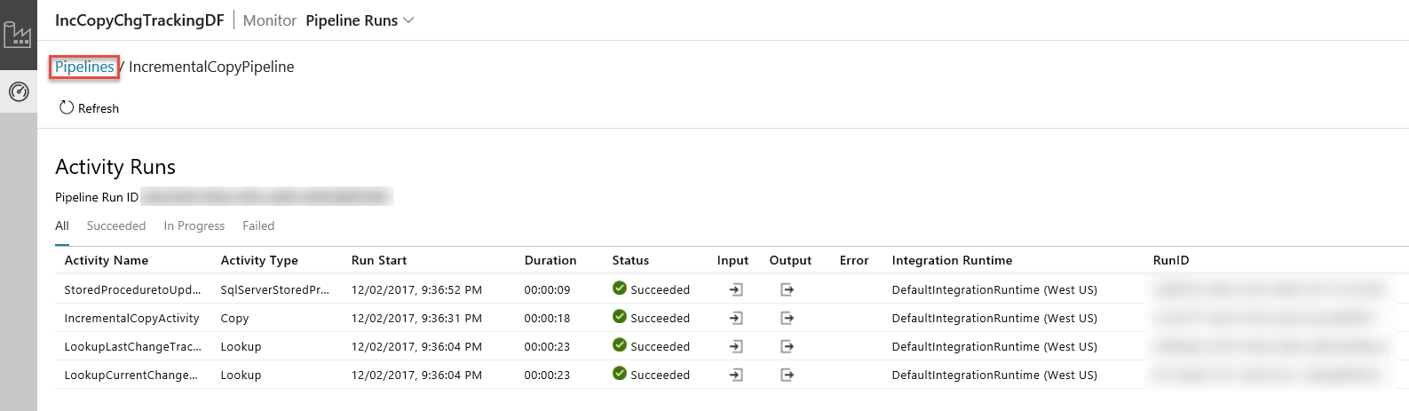 Screenshot shows pipeline runs for a data factory with several marked as succeeded.