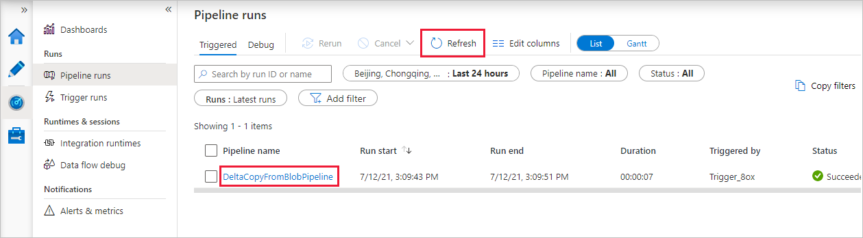 Refresh the list and view activity run details