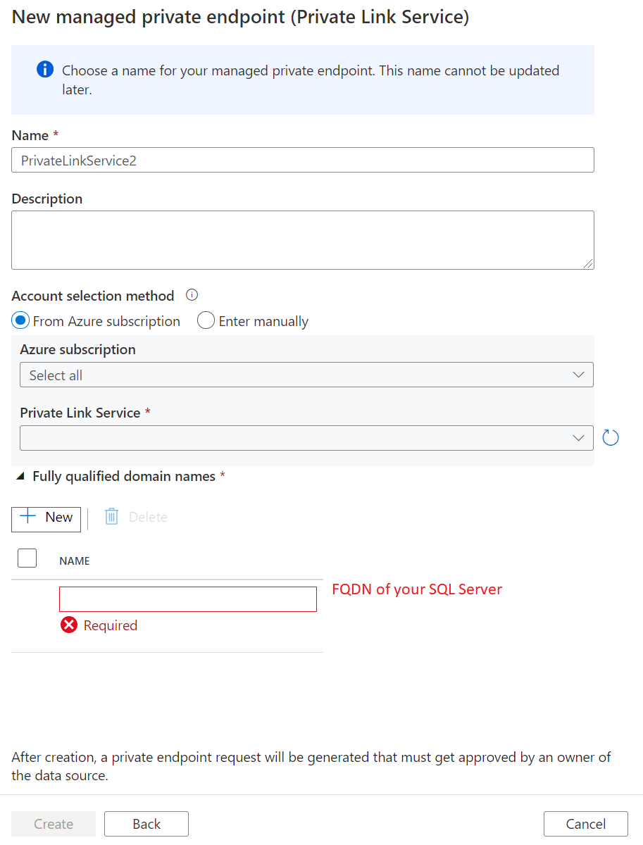 Screenshot that shows the private endpoint settings.