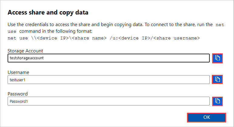 屏幕截图显示了 Data Box 本地 Web UI 中用于 SMB 共享的“访问共享和复制数据”对话框。突出显示了“存储帐户和密码”选项的“复制”图标以及“确定”按钮。