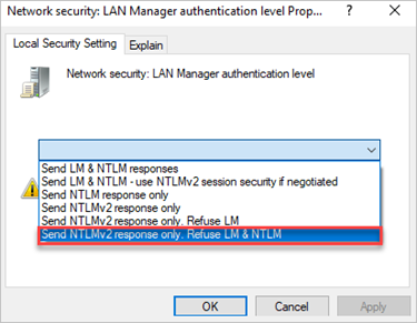 该屏幕截图显示“本地安全策略”编辑器中的“网络安全: LAN Manager 身份验证级别”策略。突出显示了“仅发送 NTLMv2 响应。拒绝 LM 和 NTLM”选项。