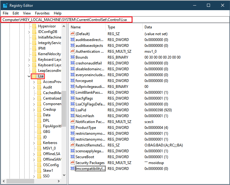 该屏幕截图显示突出显示了 LSA 文件夹的注册表编辑器。