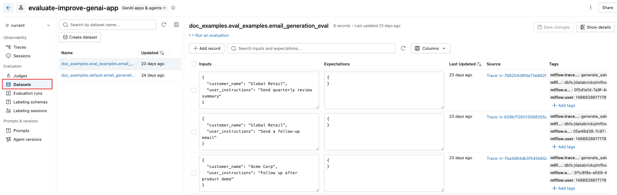 “评估数据集”选项卡