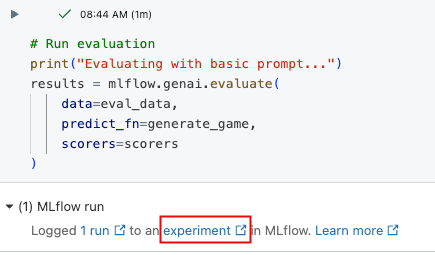 从笔记本单元结果链接到 MLflow 实验 UI。