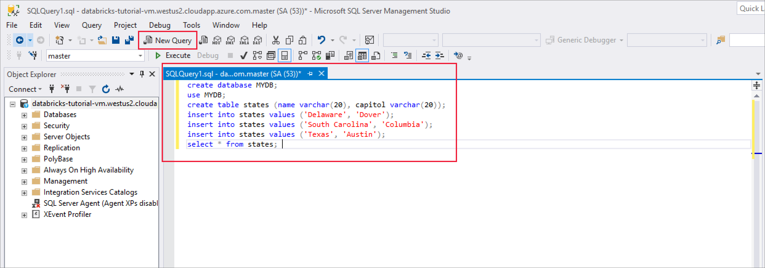 Query to create a SQL Server database