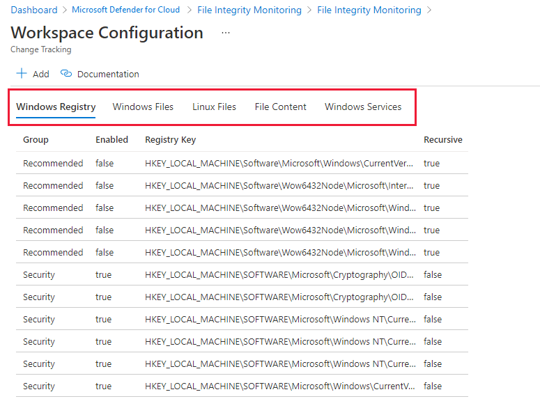 屏幕截图显示 Microsoft Defender for Cloud 中用于文件完整性监视的工作区配置。